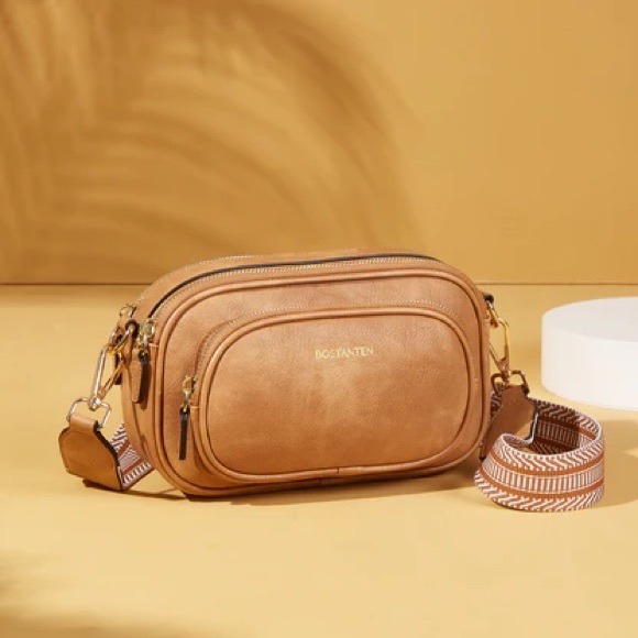 Bostanten Crossbody Vegan Leather Tan/Camel Goldtone Shoulder Strappy Bag Purse - Picture 9 of 12